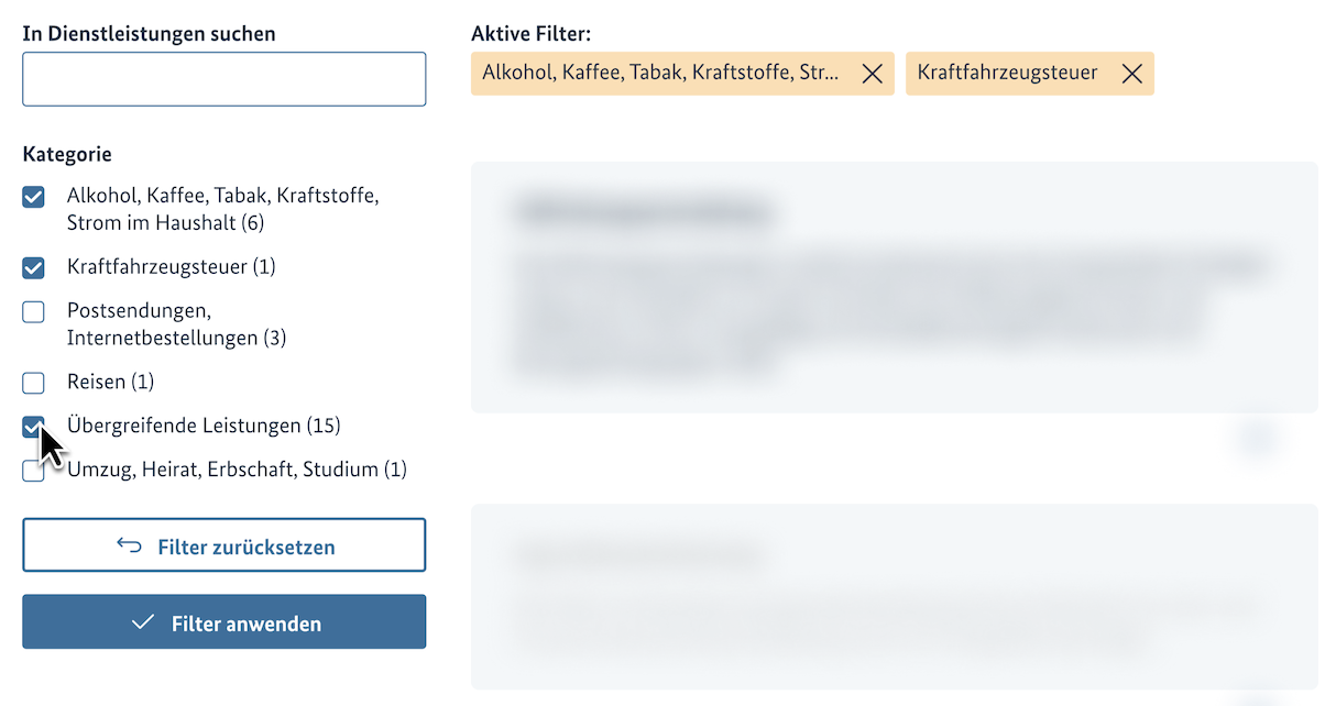 Formular mit Freitextsuchfeld, einer Reihe von Checkboxen mit Lebenslagen als Labels und den Buttons Filter zurücksetzen und Filter anwenden.