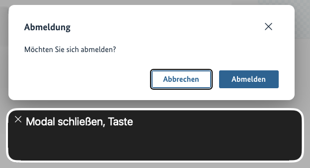 Screenshot eines modalen Dialogs neben dem VoiceOver Sprachbetrachter.