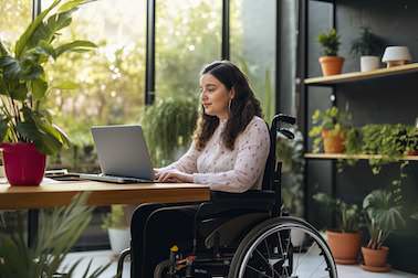 Eine Frau im Rollstuhl sitzt an einem Schreibtisch und arbeitet an einem Laptop. Hinter ihr ist ein Regal mit mehreren Pflanzen und ein großen Fenster zu einem Garten zu sehen.