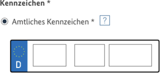 Beispielhafte Darstellung eines gestalteten KFZ-Kennzeichens mit 3 getrennten Eingabefeldern.