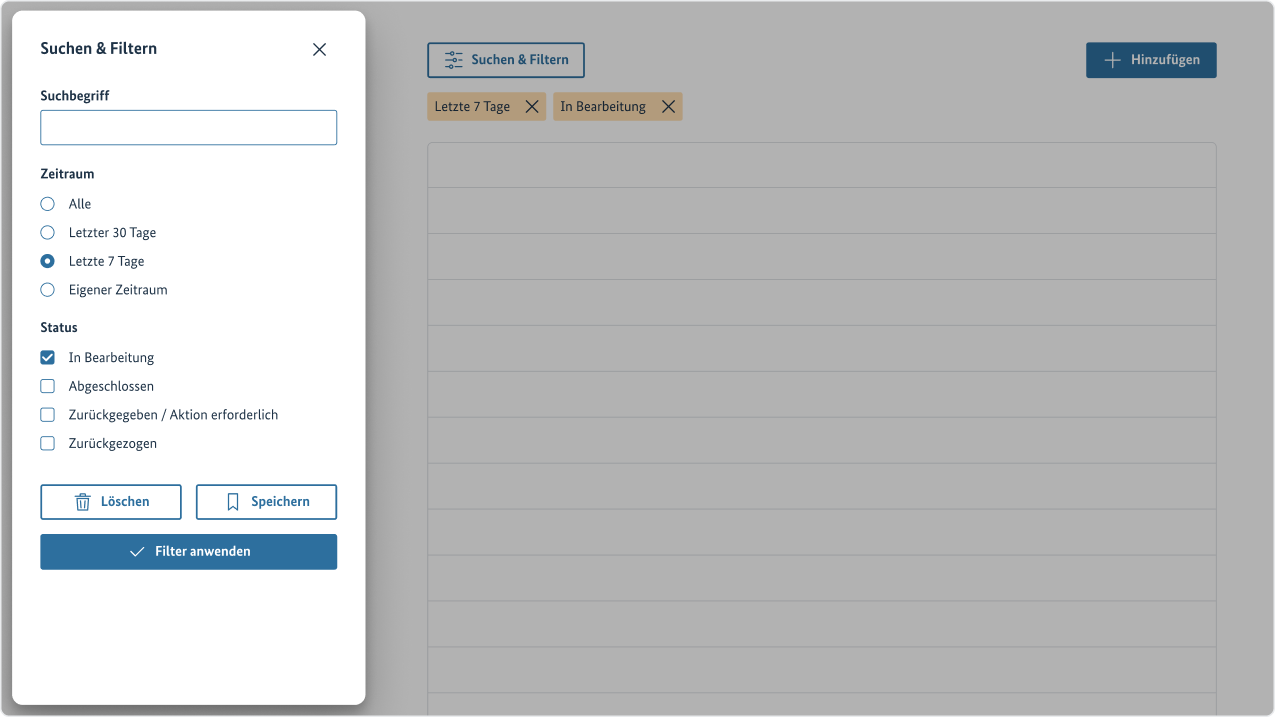 Beispielhafter Screenshot einer geöffneten Filter- und Such-Komponente