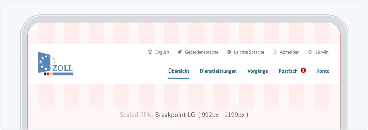 Header auf einem Laptop oder Tablet mit Zoll-Logo und den nun sichtbaren Menüs aus dem vormaligen Hamburger-Menü.