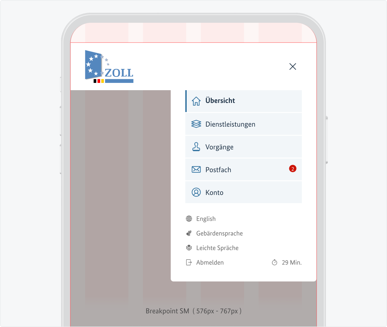 Wie vor, nur mit geöffnetem Menü über ca. 60% der Breite des Displays.