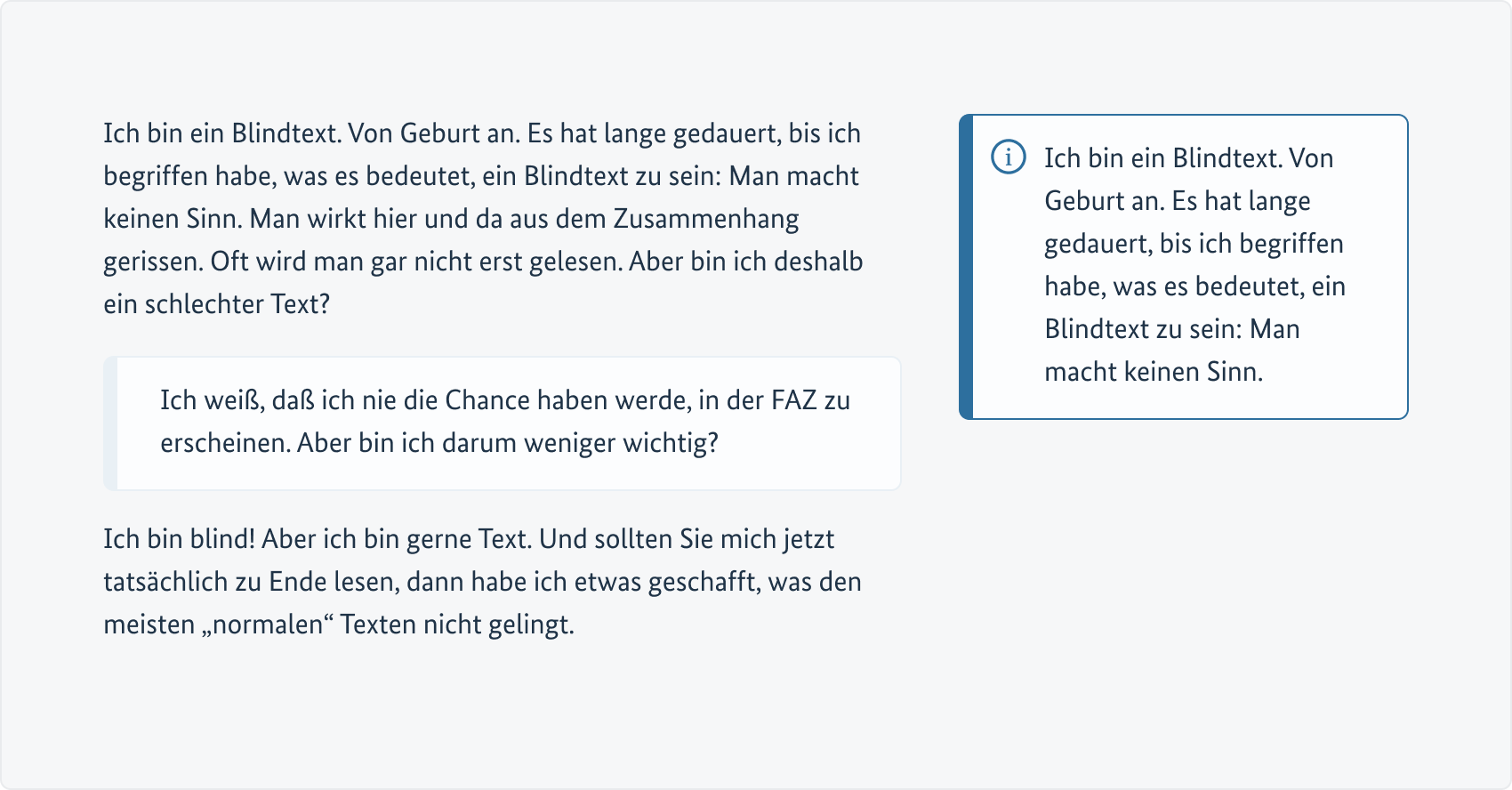Eine Hinweisbox als Unterbrecher in einem Fließtext, eine Hinweisbox alleine stehend in einer Marginalspalte.
