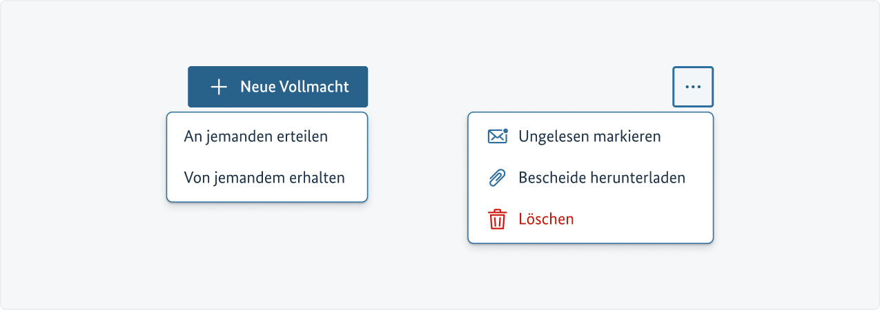 1 geöffnetes Kontextmenü an einem Primärbutton mit 2 Optionen, 1 geöffnetes Kontextmenü an einem Sekudärbutton mit 3 Optionen zur Auswahl.