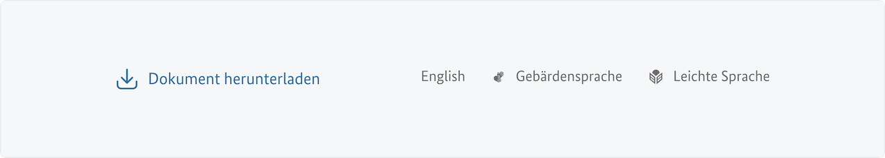 Mit Icons versehene Links für Downloads, Gebärdensprache und Leichte Sprache.