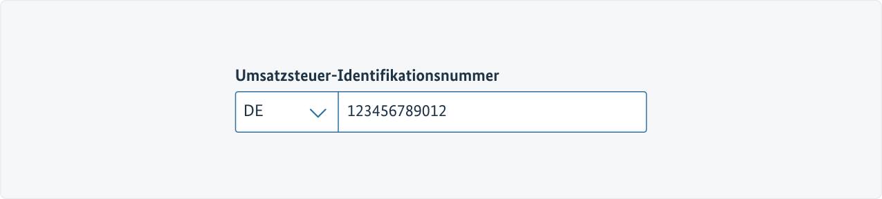 Beispiel einer Umsatzsteuer-Identifikationsnummer, aufgeteilt in das Select für das Länderkürzel und das Freitextfeld für die folgenden Ziffern.