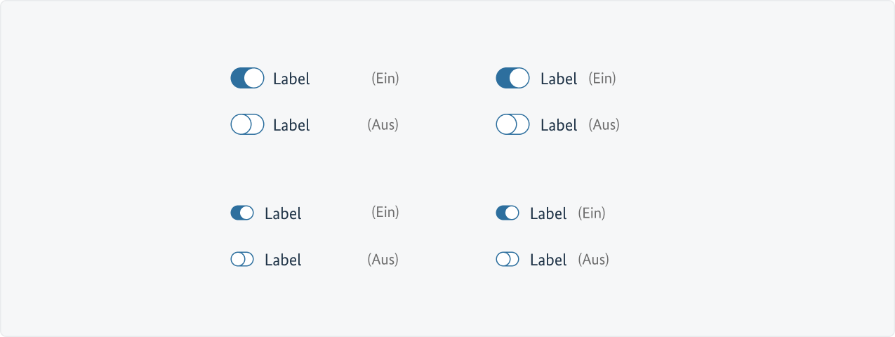 Toggle Switches in zwei verschiedenen Größen, jeweils in Ein- und Ausgeschalteten Zuständen.